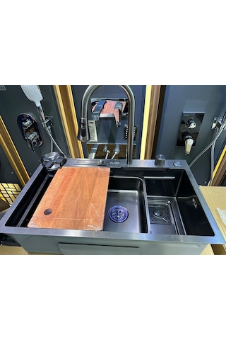 Nefa Yapı Yeni Teknolojik Yağmurlama,kesme Tahtası,bıçaklık,2 Tepsi Ankastre Evye Seti Antrasit Diğer