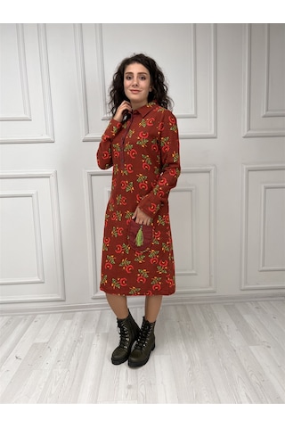 Eliş Şile Bezi Uzun Kol Pazen Çiçek Desen Midi Boy Şirin Elbise Bordo Brd