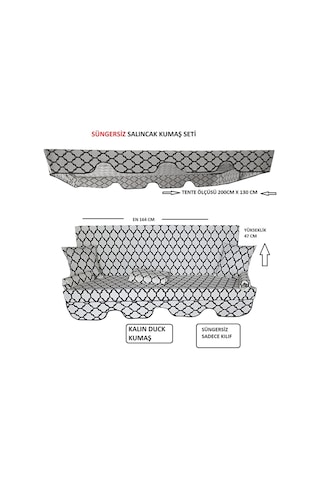 Süngersiz Tenteli Salıncak Kumaş Seti 3 Kişilik Süngersiz 164x47 Cm Alaçatı Model Siyah - Beyaz