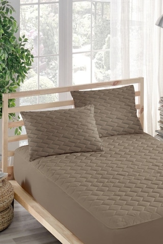 Alez Takımı %100 Pamuklu Sessiz 3 Parça Kapitoneli Yastık Alezli Kahve Tek Kişilik