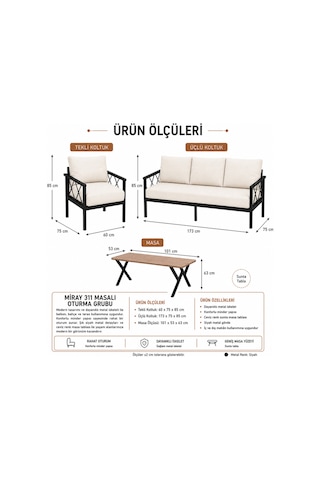 Miray 311 Masalı Balkon Bahçe Oturma Grubu Minderli Metal Bahçe Mobilyası Takımı Cappuccino
