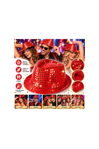 Nessiworld Disko Star Kırmızı Payetli Fötr Şapka Yetişkin Boy