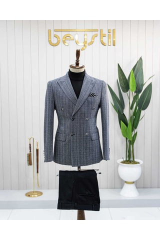 Bys Beystil Sivri Yaka Lacivert Çizgili Kruvaze Ceket 52731 - Slim Fit