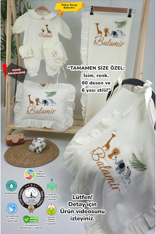 Gros Shop Müslin Yeni Doğan 4katlı Organik %100pamuk Kişiye Özgü Nakışlı Hastane Çıkış Seti-safari Model Ekru