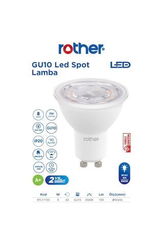 Rtl11103-10 Rother Gu10 Led Spot Ampul 8w 700 Lümen 6000k Beyaz Işık Enerji Tasarruflu Ampul 10 Adet