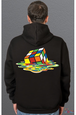 Bumeta Rubik Zeka Küpü Erimiş Kombinasyon Sweetshirt Unisex Kapüşonlu Hoodie Siyah