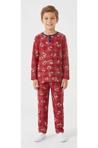 Biçomi Hassas Ciltler İçin Nefes Alan, Kesintisiz Uyku Sunan Pamuk Penye Ekose Çocuk Pijama Takımı 6-14 Ya Kırmızı