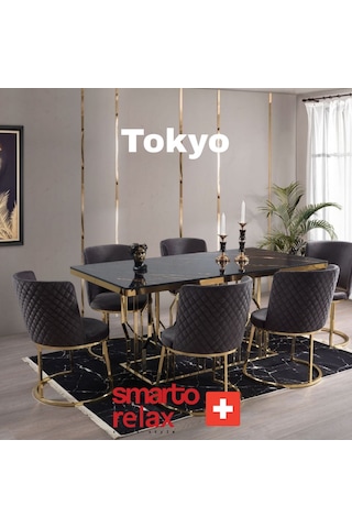 Smarto Relax Tokyo 2'li Yemek Masası Sandalye Seti - Metal Ayaklı, Siyah Kumaş Bej & Kahverengi