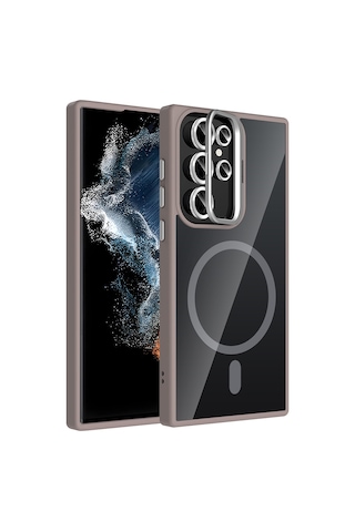 Galaxy Uyumlu S22 Ultra Kılıf Standlı + Kamera Lens Koruma Setli M-safe Şarj Özellikli Mkst Gri Gri