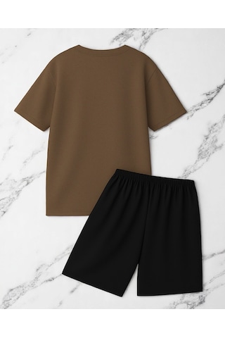 Uyguntarz Unisex Pırlantalı Kadın Portresi Tasarım Basklı Tshirt Şort Takımı Kahverengi