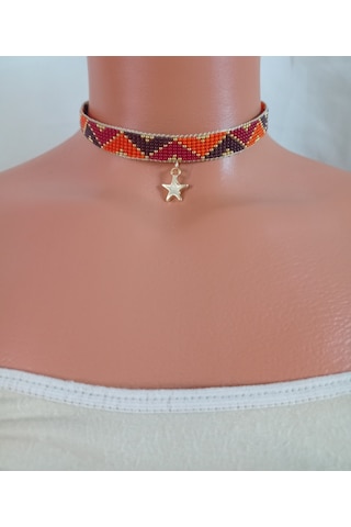 Kum Boncuk Yıdızlı Dokuma Choker Altın