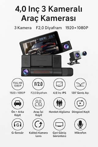 3 Yönlü Araç Kamerası 1080P Full HD Gece Görüş Geri Görüş | Wifi | G-Sensör |