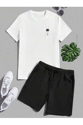 Palmiye Minimal T-shirt Şort - Beyaz Siyah Alt Üst Takım Şort Tişört Kombin Baskılı Bisiklet Yaka Beyaz Siyah