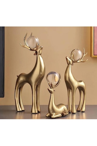 3 Lü Kristal Küreli Geyik Aksesuar &gold Boynuzlu Kristal Toplu Dekor Obje Gold