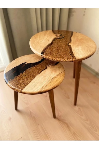 Fawdecor Yuvarlak Epoksi Kahve Desenli 2'li Masif Zigon Sehpa
