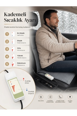 Beylini 12v Araç Koltuk Isıtıcı Minder 5 Kademeli Kumandalı Çakmaklık Girişli Sırt Ve Oturma Isıtma Minderi Gri 35x90 Cm
