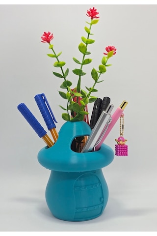 Kalemlik Turkuaz Sima Mantar Çiçekli Üç Gözlü Kalemlik Düzenleyici Turkuaz