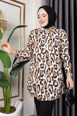Hira Life Fashion Kadın Tesettür Giyim Ve Spor Giyime Uygun Düğme Detaylı Şık Desenler Dokuma Viskon Gömlek-tunik Kahverengi 5 Kahverengi 5