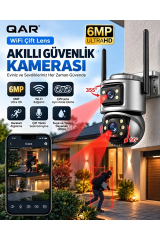 Wifi Akıllı Güvenlik Kamerası Çift Lensli Döner Başlıklı Uzaktan Canlı İzleme Telefon Kontrollü Ip Kamera Gece Görüşlü İç/dış Mekan