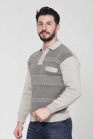 Kzc Tekstil Erkek Baba Orta Yaş Ve Üzeri Triko Örgü Akrilik Kışlık Regular Fit Cepli Fermuarlı Polo Yaka Kazak Bej