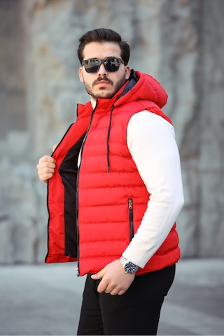 Mero Life Erkek Kırmızı Standart Fit Çıkarılır Kapüşonlu Cepli Fermuarlı Şişme Yelek