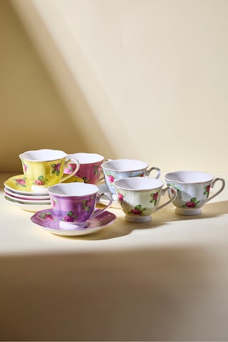 Hane+ 12 Parça 6 Kişilik Renkli Vintage Çiçekli Kahve Fincanı Takımı Cokrenklı Çok Renkli