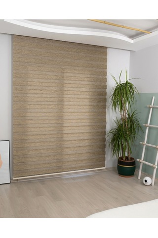 Bambu Kumaş Krem Zebra Stor Perde Kahverengi Alüminyum Kasalı Kahverengi