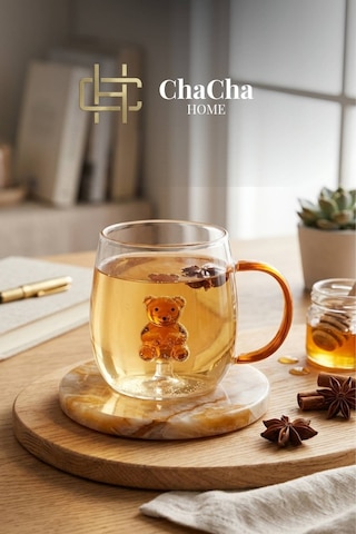 Chacha Home Figürlü Borosilikat Cam Kupa 350 Ml - Renkli Kulplu Bardak - El Yapımı Cam Figürlü Sunum Kupası Ayıcık Figür