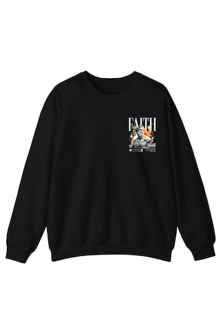 Baskılı Unisex, Sıfır Yaka Regular Sweatshirt Siyah