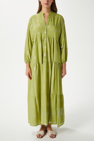 Modest Kadın Aliza Gümüş Detay %100 Viskon Yeşil Maksi Boy Yazlık Elbise Yeşilgümüş Çok Renkli