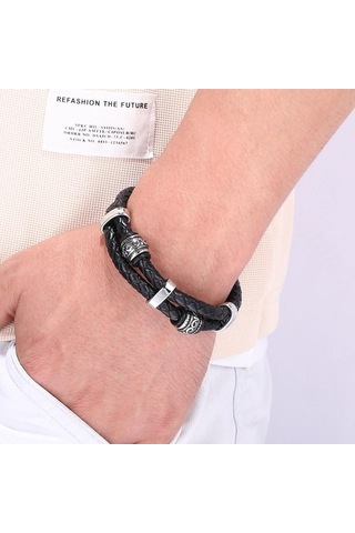 Viking Tarzı İskandinav Runeleri Muska Çift Katmanlı Paslanmaz Çelik Erkek Deri Bileklik İskandinav Mitolojisi Takıları Bb1355 Kahverengi