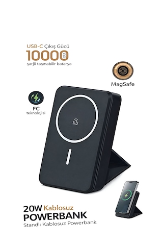 10000mah 20w Wireless Magsafe Kablosuz Powerbank Lüx Deri Standlı Taşınabilir Hızlı Şarj siyah