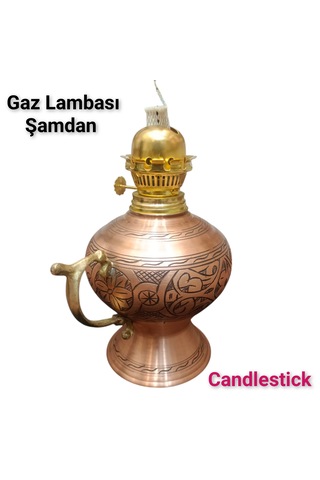Bakır Gaz Lambası Şamdan Antik Bakır Sarı Gaz Lambası Şamdan