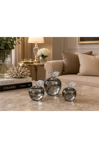 Chacha Home 3'lü Kesme Kristal Cam Elma Obje Seti Taşlı Yaprak Detaylı Lüks Salon Masası Konsol Aksesuarı Füme