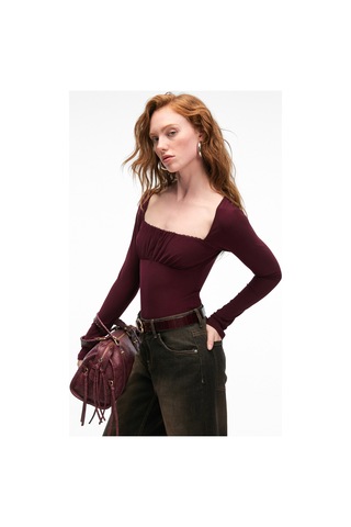 Grımelange SILIVRA Kadın Havuz Yakalı Esnek Kumaşlı Slim Fit Bordo Bluz