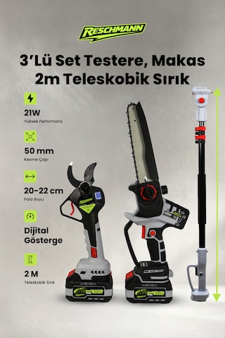 Reschmann 3'lü Set Şarjlı Testere Ve Budama Makası Ve 2 Metre Teleskobik Uzatma Kolu 21v - 3.0 Ah - Dijital Göstergeli Reschmann 3'lü Set Şarjlı Testere Ve Budama Makası Ve 2 Metre Teleskobik Uzatma Kolu 21v - 3.0 Ah - Dijital Göstergeli