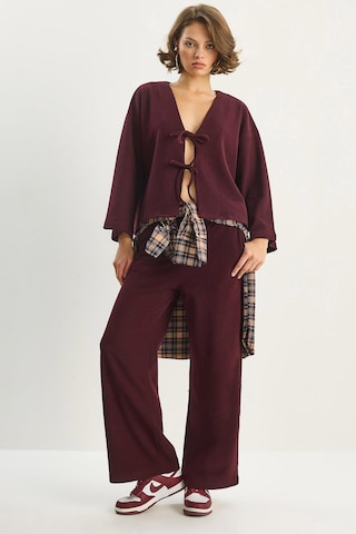 Shade Kadın Bağlama Detaylı Kimono Yüksek Bel Bol Pantolon Selanik Takım 7028 60283640 - Bordo
