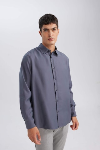 DeFacto Relax Fit Polo Yaka Twill Modal Karışımlı Basic Düz Uzun Kollu Gömlek D3376AX24AUAR174 Antrasit