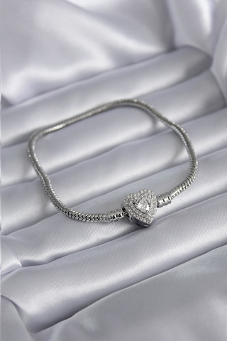 Gümüş Renk Zirkon Taşlı Kalp Charm Model Pirinç Kadın Bileklik Çok Renkli