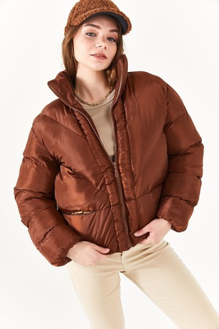 Alisse-kadın Kahve Dik Yaka Kısa Şişme Mont Kahverengi