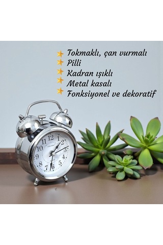 Upway Çanlı Tokmaklı Yüksek Zil Sesli Gümüş Metal Kasalı Işıklı Nostaljik Retro Çalar Saat Gümüş