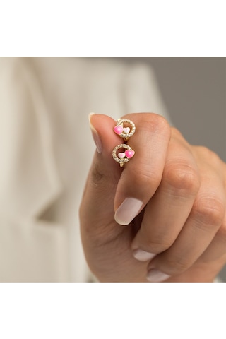 Çgk Çiğdem Gürel Kuyumculuk 14 Ayar Pembe Kalpli Taşlı Çocuk Küpesi Sevimli Kız Çocuk Küpe Modeli Gold