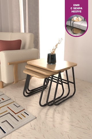 Vilinze Zigana Çok Amaçlı Siyah Metal Ayak 3'lü Naturel Mdf Zigon Sehpa Siyah-naturel