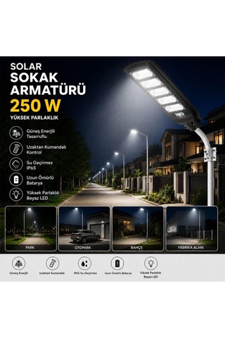 Solar 250w Led Armatür Güneş Enerjili Kumandalı Sokak Bahçe Dış Mekan Duvar Aydınlatma Sistemi