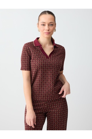 Jimmy Key Jimmy Key Bordo Geometrik Desenli Polo Yaka Kısa Kollu Örme Bluz 6sw036586562
