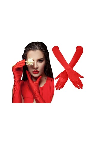 Uzun Boy Parlak Esnek Likralı Eldiven 40 Cm - 1 Çift - Kırmızı Çok Renkli