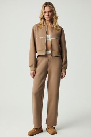 Sharıd Kadın Relaxed Biyeli Geniş Paça Vizon Eşofman Altı