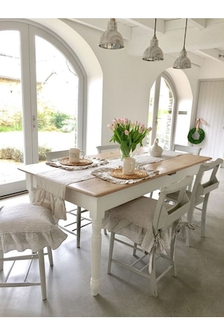 Gri Çizgili Buldan Yıkanmıs Keten 4 Tarafı Fırfırlı Sandalye Minderi Renkli