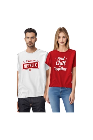 Technomonkey Netflix And Chill Baskılı Sevgili Çift Kombini Regular 2'li Takım T-shirt Beyaz