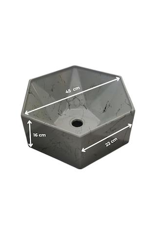Mermer Desenli Tezgah Üstü Altıgen Taş Lavabo 45 X 16 Cm Gri